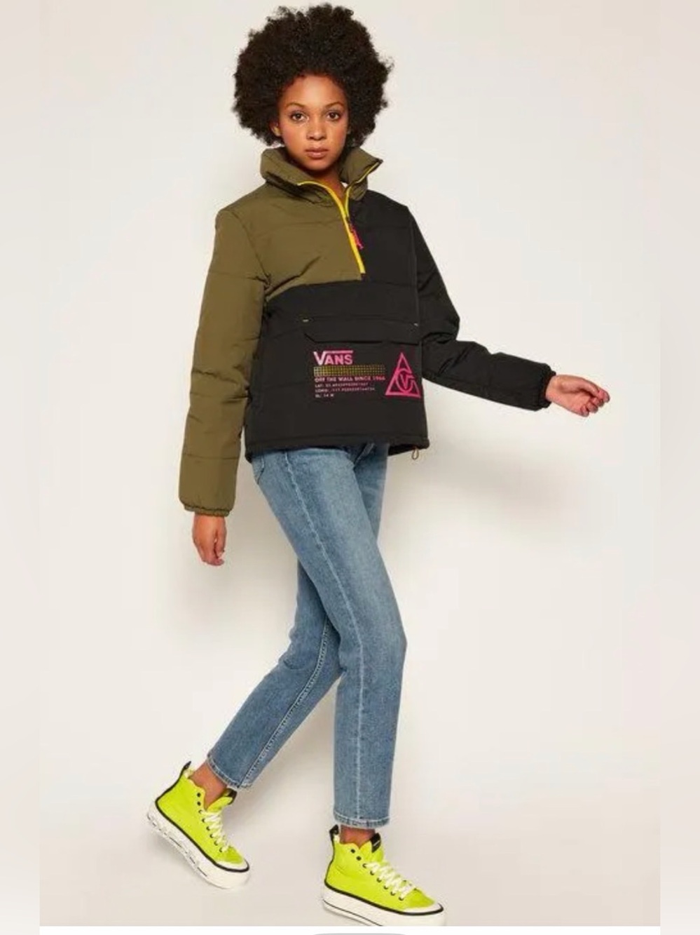 Vans Olive & Black Colorblock Logo Puffer Jacket, Gorpcore Y2K Snow Outdoors